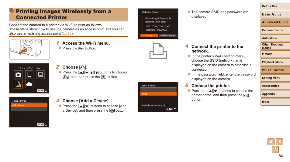 Printing images wirelessly from, A connected printer | Canon IXUS 180 User Manual | Page 86 / 143