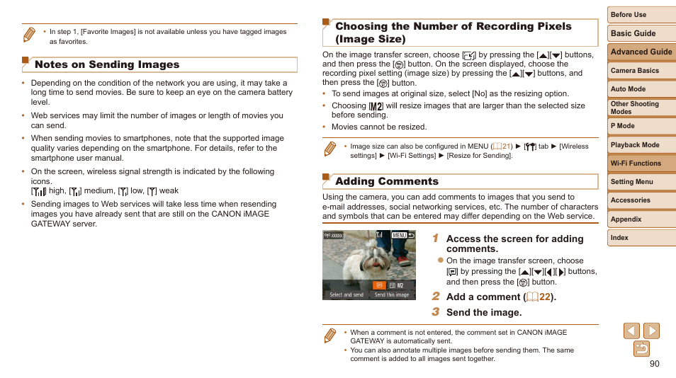 Notes on sending images, Choosing the number of recording pixels, Image size) | Adding comments | Canon IXUS 180 User Manual | Page 90 / 143