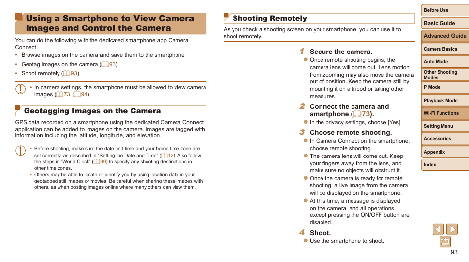 Using a smartphone to view, Camera images and control, The camera | Using a smartphone to view camera images, And control the camera, Geotagging images on the camera, Shooting remotely | Canon IXUS 180 User Manual | Page 93 / 143