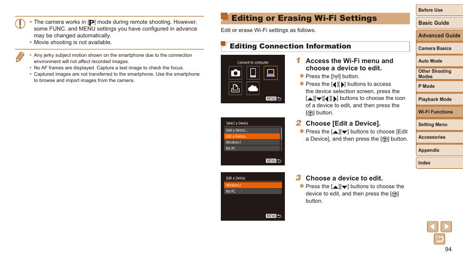 Editing or erasing wi-fi, Settings, Editing or erasing wi-fi settings | Editing connection information | Canon IXUS 180 User Manual | Page 94 / 143