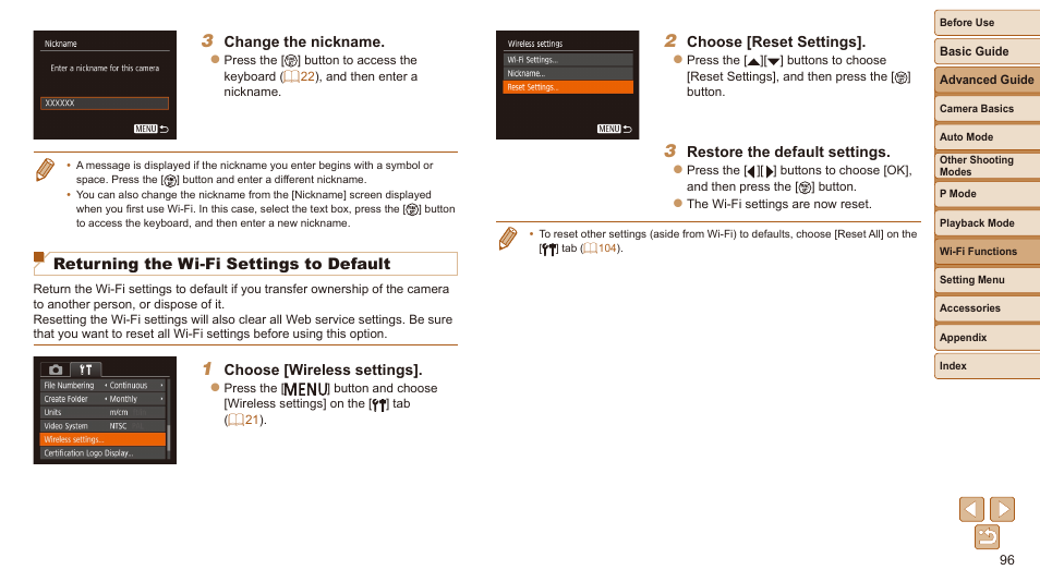 Returning the wi-fi settings to default | Canon IXUS 180 User Manual | Page 96 / 143