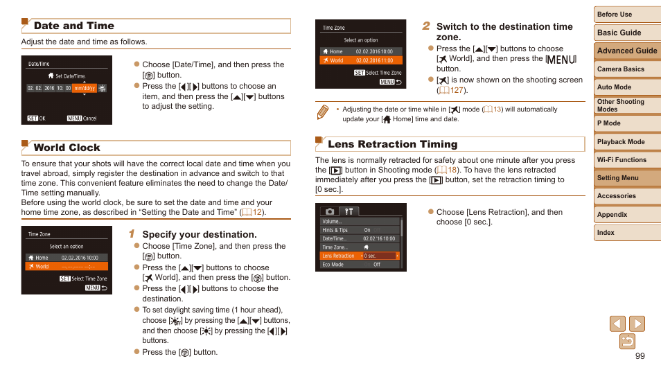 The steps in “world clock, To specify any shooting destinations in, Date and time | World clock, Lens retraction timing | Canon IXUS 180 User Manual | Page 99 / 143