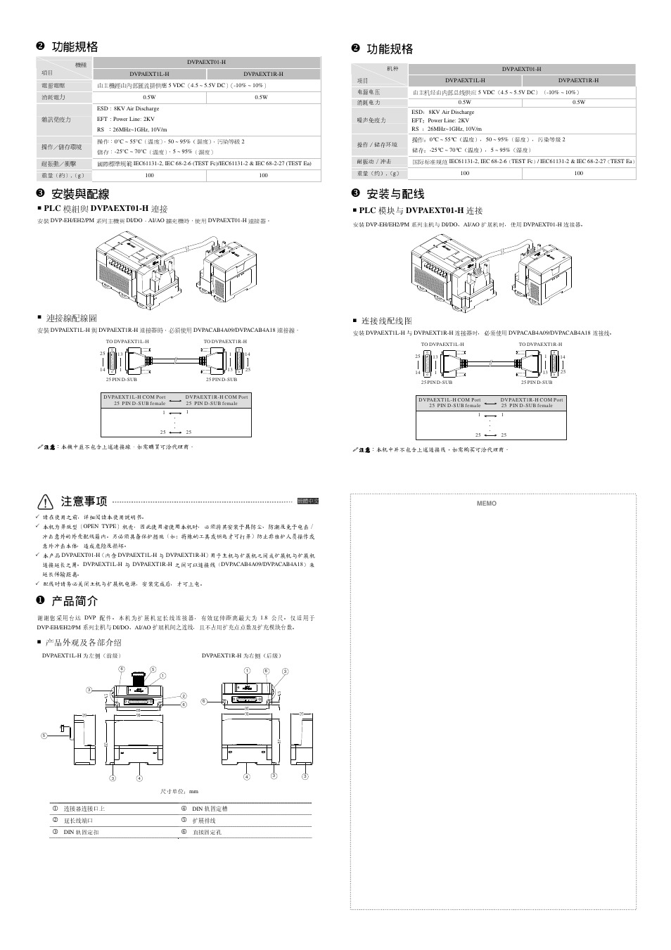 功能規格, 安裝與配線, 注意事項 | 產品簡介 | Delta Electronics Network Device DVPAEXT01-H User Manual | Page 2 / 2