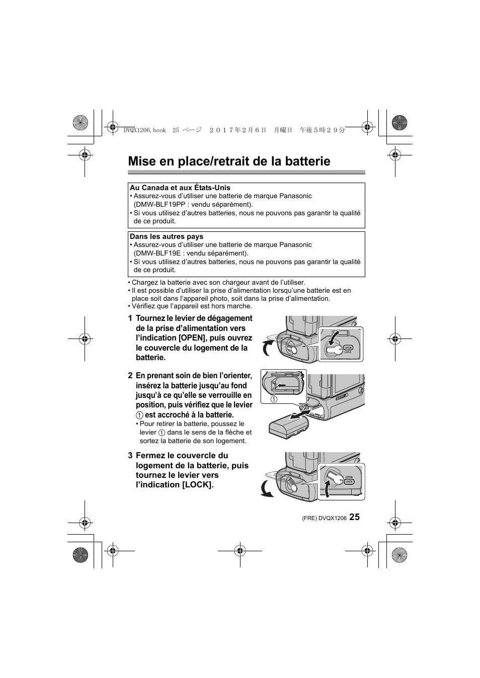 Mise en place/retrait de la batterie | Panasonic Lumix GH5 User Manual | Page 25 / 132