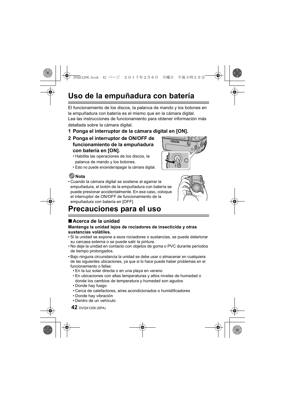 Uso de la empuñadura con batería, Precauciones para el uso, Acerca de la unidad | Panasonic Lumix GH5 User Manual | Page 42 / 132