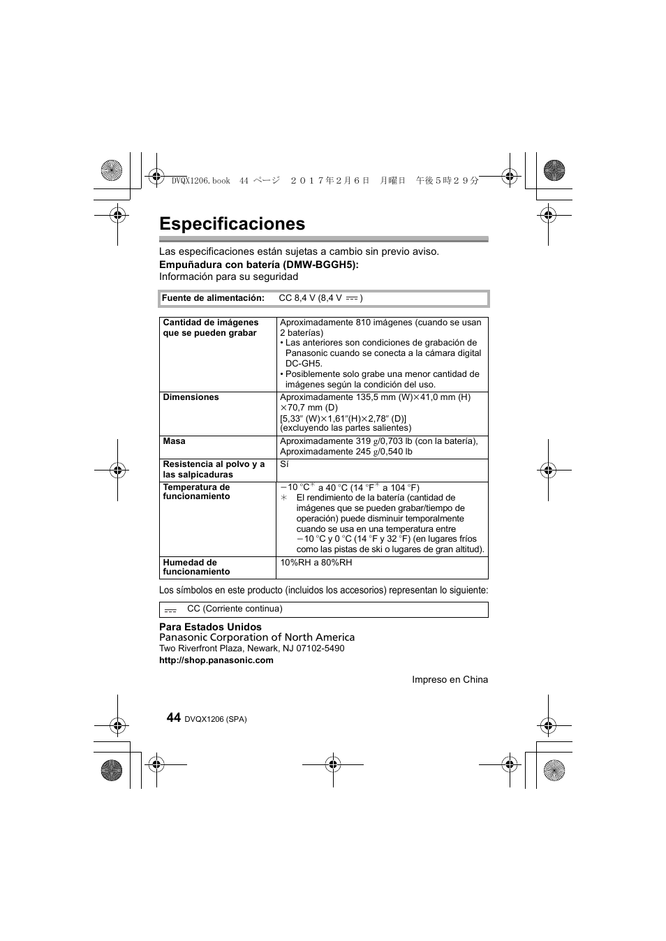 Especificaciones | Panasonic Lumix GH5 User Manual | Page 44 / 132