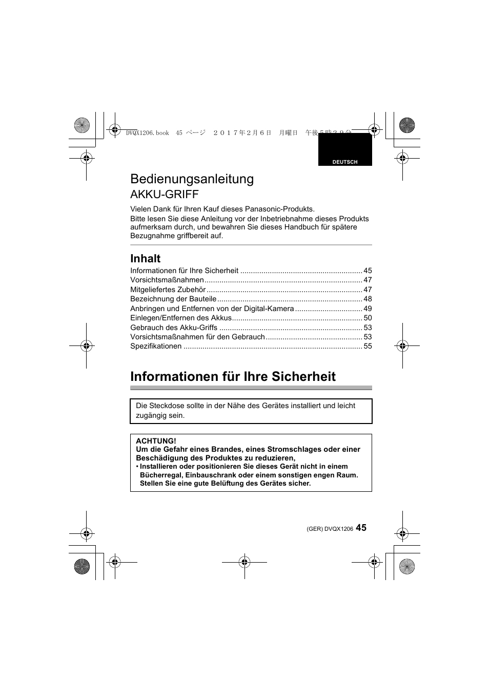 Bedienungsanleitung, Informationen für ihre sicherheit, Akku-griff | Inhalt | Panasonic Lumix GH5 User Manual | Page 45 / 132
