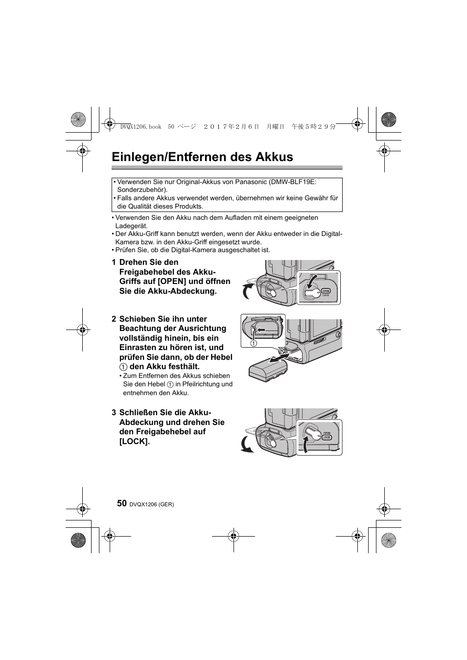 Einlegen/entfernen des akkus | Panasonic Lumix GH5 User Manual | Page 50 / 132