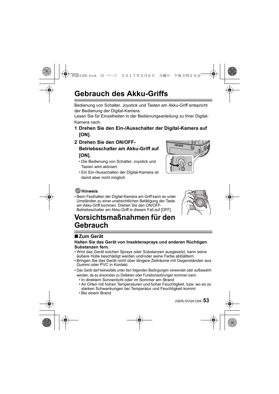 Gebrauch des akku-griffs, Vorsichtsmaßnahmen für den gebrauch | Panasonic Lumix GH5 User Manual | Page 53 / 132