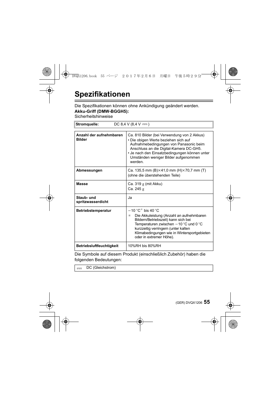 Spezifikationen | Panasonic Lumix GH5 User Manual | Page 55 / 132