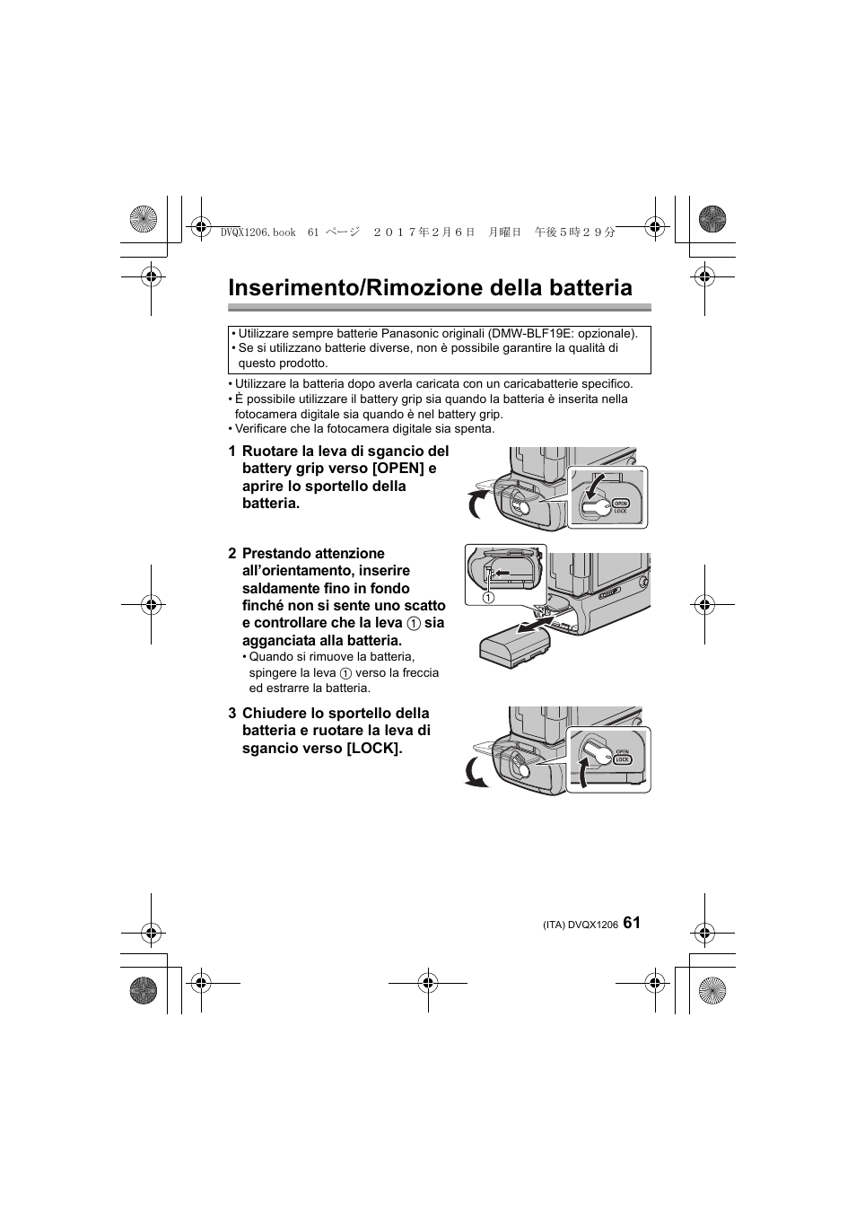 Inserimento/rimozione della batteria | Panasonic Lumix GH5 User Manual | Page 61 / 132