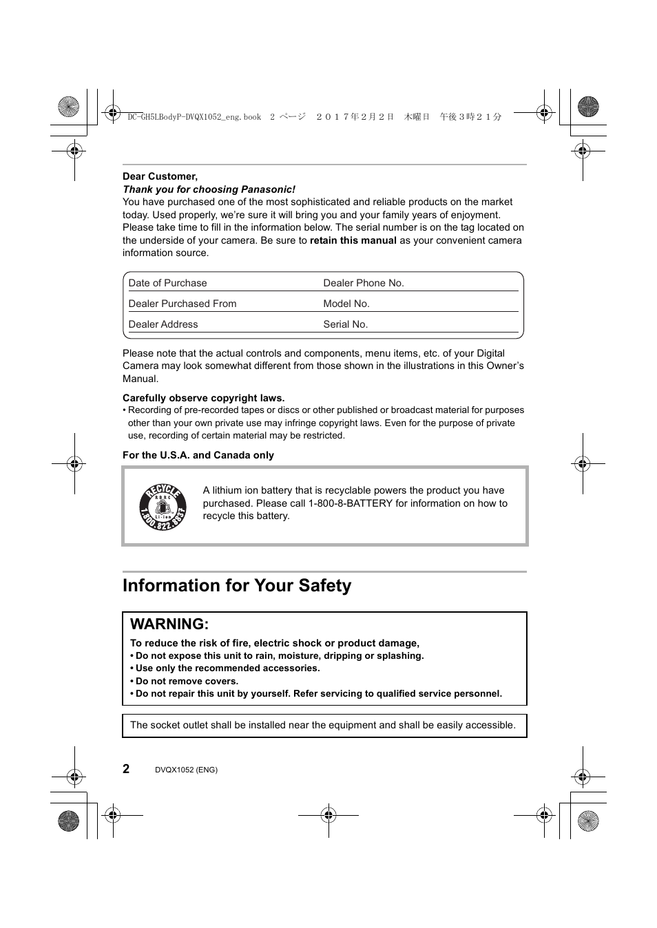 Information for your safety, Warning | Panasonic Lumix GH5 User Manual | Page 2 / 128