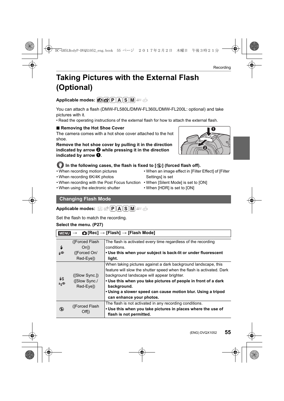 Taking pictures with the external flash (optional) | Panasonic Lumix GH5 User Manual | Page 55 / 128