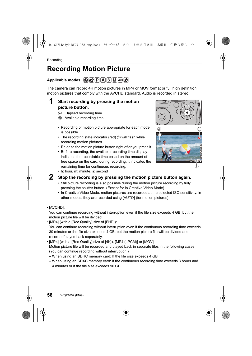 Recording motion picture | Panasonic Lumix GH5 User Manual | Page 56 / 128