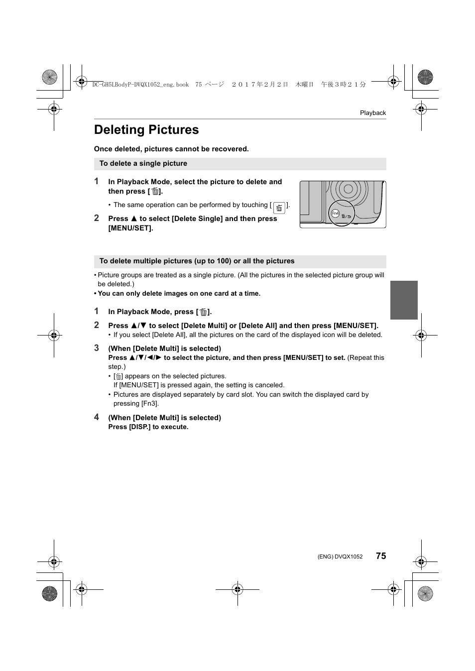 Deleting pictures | Panasonic Lumix GH5 User Manual | Page 75 / 128