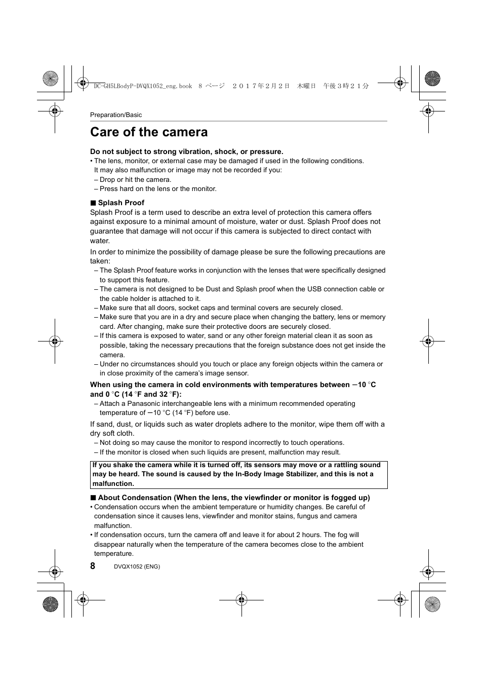 Care of the camera | Panasonic Lumix GH5 User Manual | Page 8 / 128