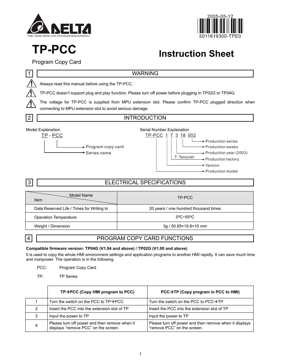 Delta Electronics Program Copy Card TP-PCC User Manual | 2 pages