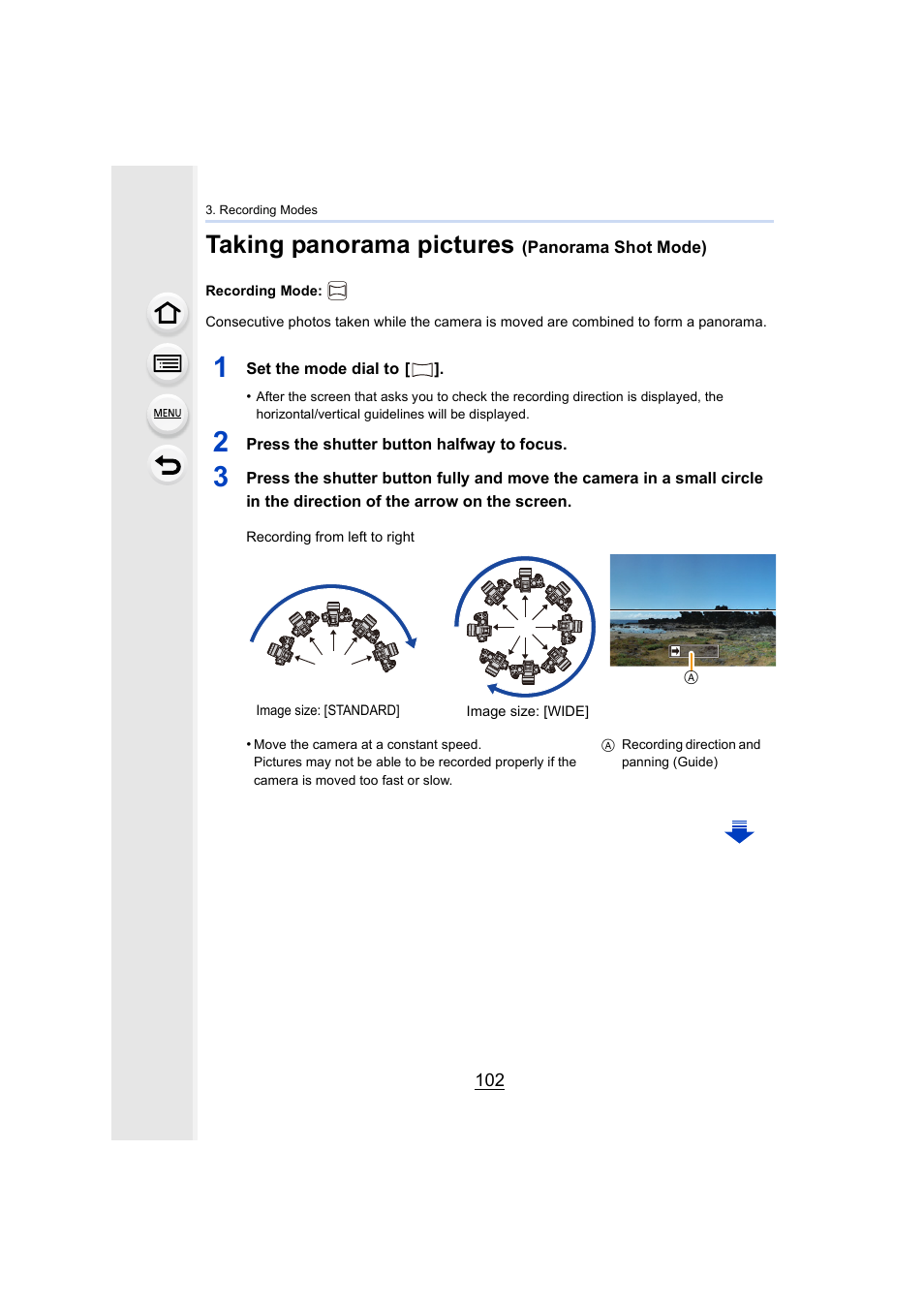 Taking panorama pictures (panorama shot mode), P102, P102) | Taking panorama pictures | Panasonic Lumix DMC-G7 body User Manual | Page 102 / 411
