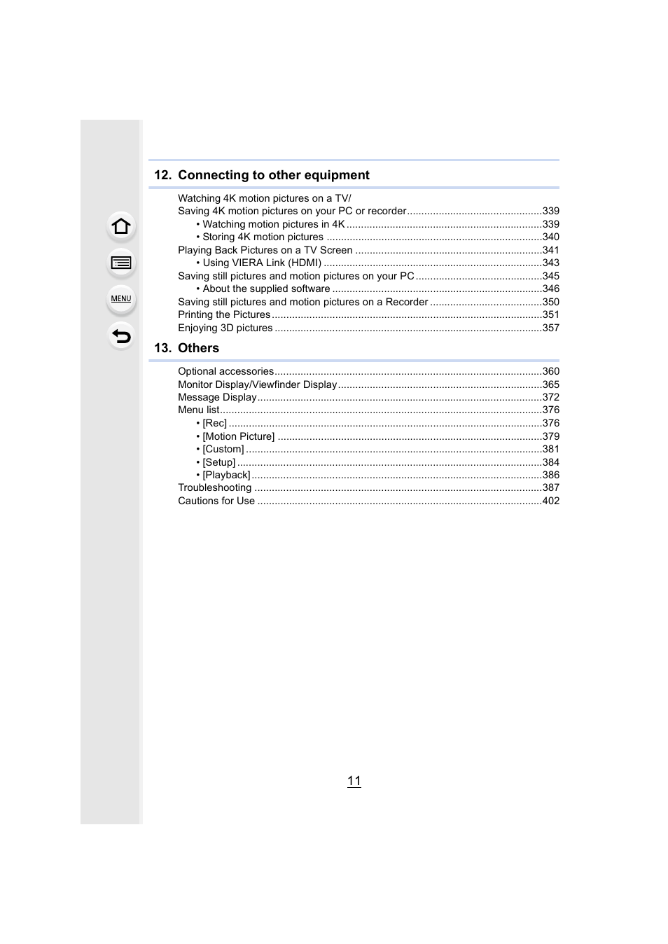 11 12. connecting to other equipment, Others | Panasonic Lumix DMC-G7 body User Manual | Page 11 / 411