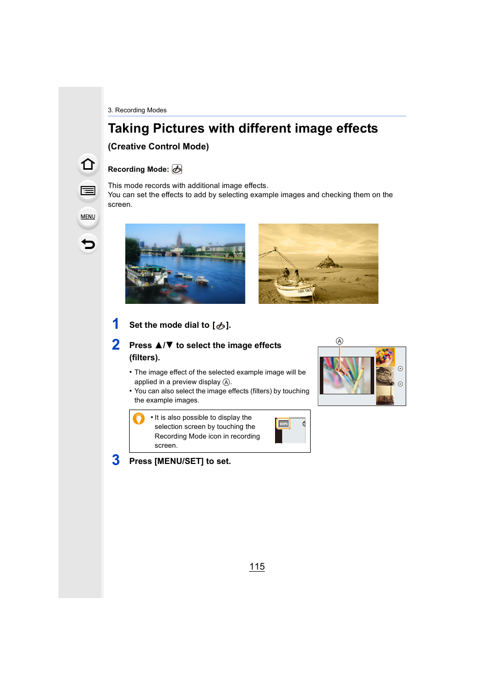 P115), P115, Taking pictures with different image effects | Panasonic Lumix DMC-G7 body User Manual | Page 115 / 411