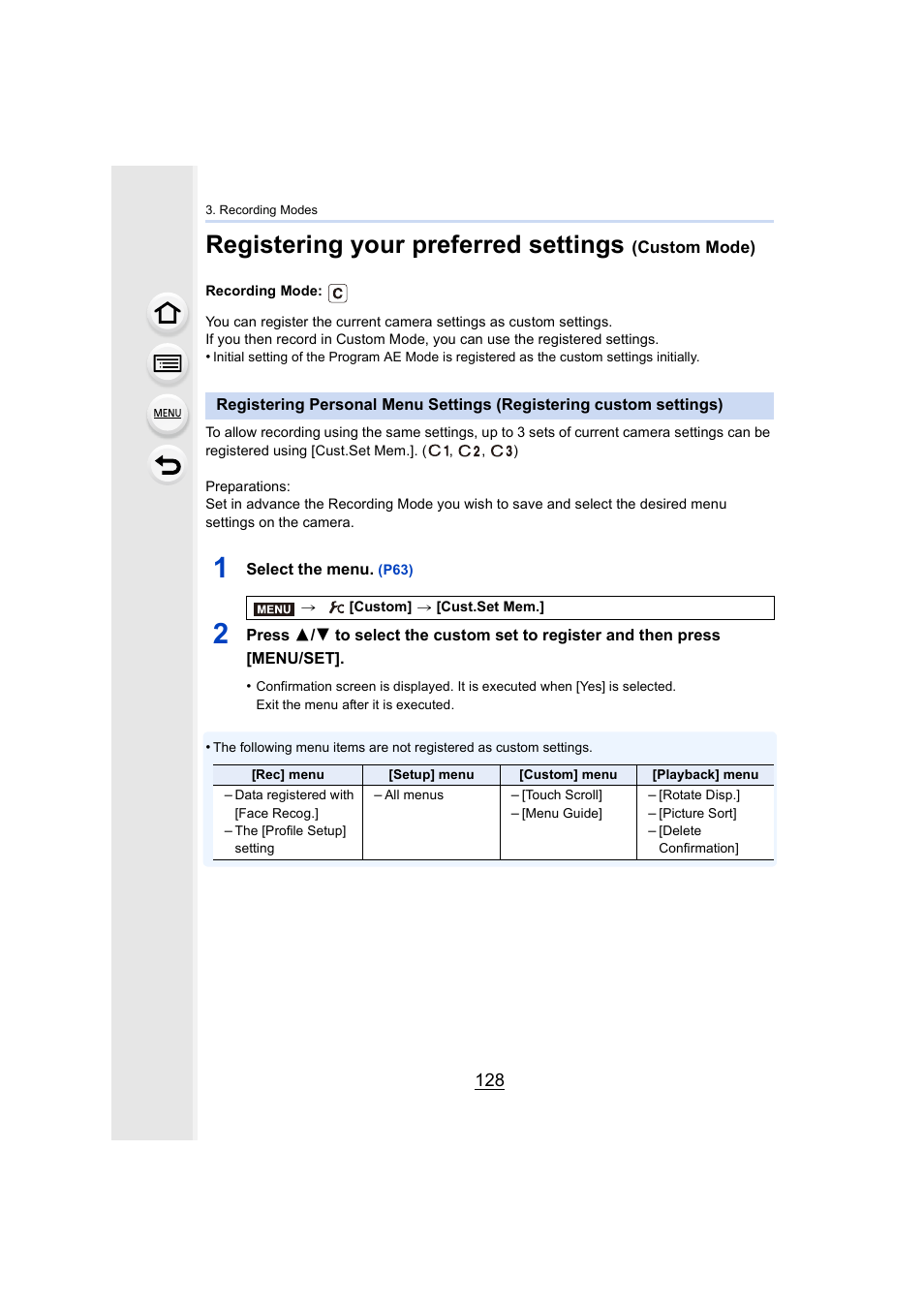 Registering your preferred settings (custom mode), P128, P128) | Registering your preferred settings | Panasonic Lumix DMC-G7 body User Manual | Page 128 / 411
