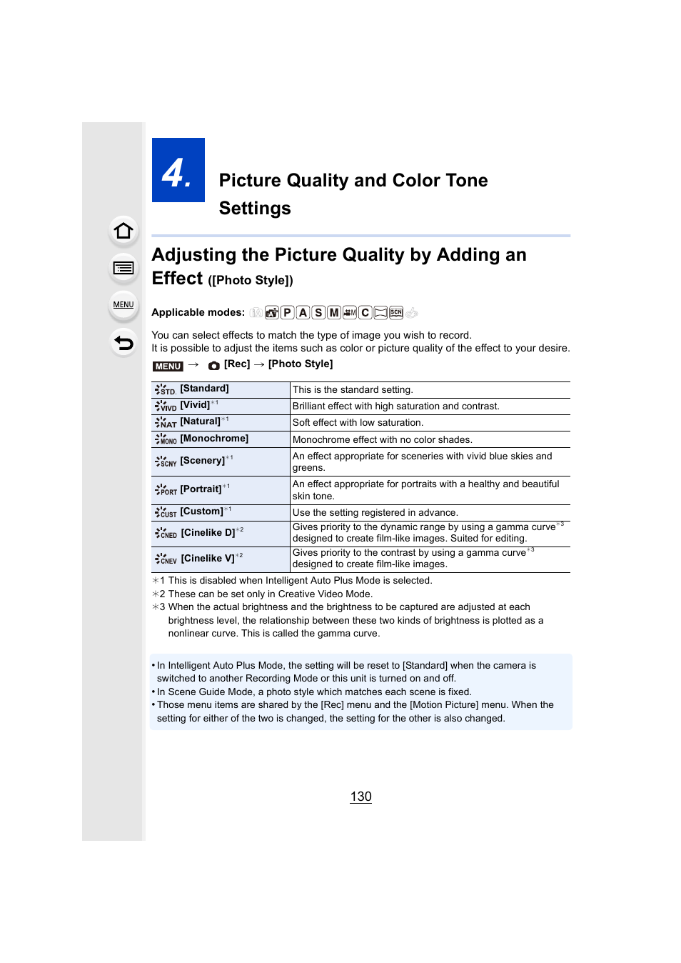 Picture quality and color tone settings, P130, P130) | Photo style]) | Panasonic Lumix DMC-G7 body User Manual | Page 130 / 411