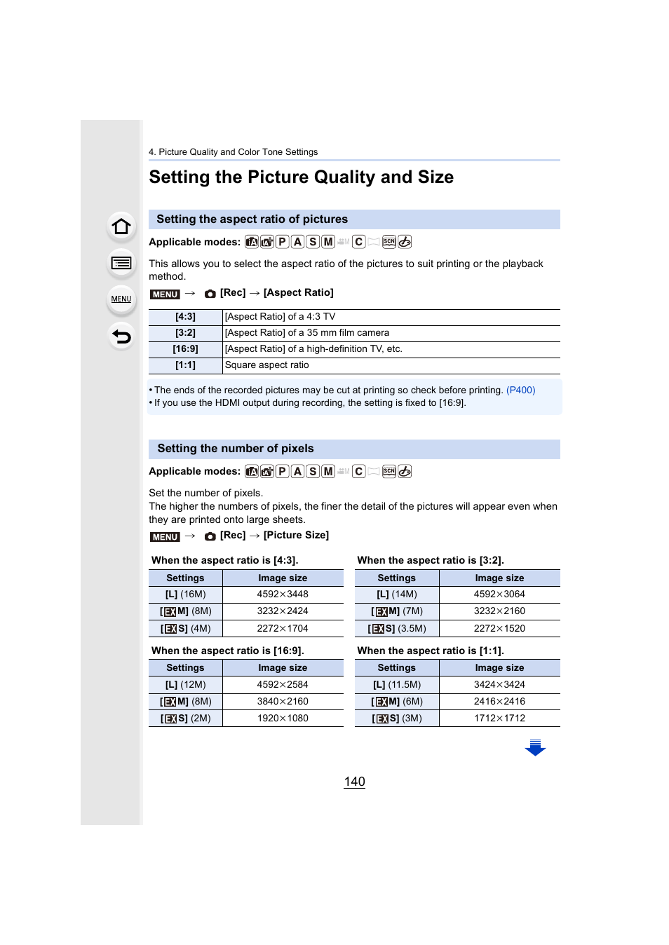 Setting the picture quality and size, Setting the aspect ratio of pictures, Setting the number of pixels | P140, P140) | Panasonic Lumix DMC-G7 body User Manual | Page 140 / 411