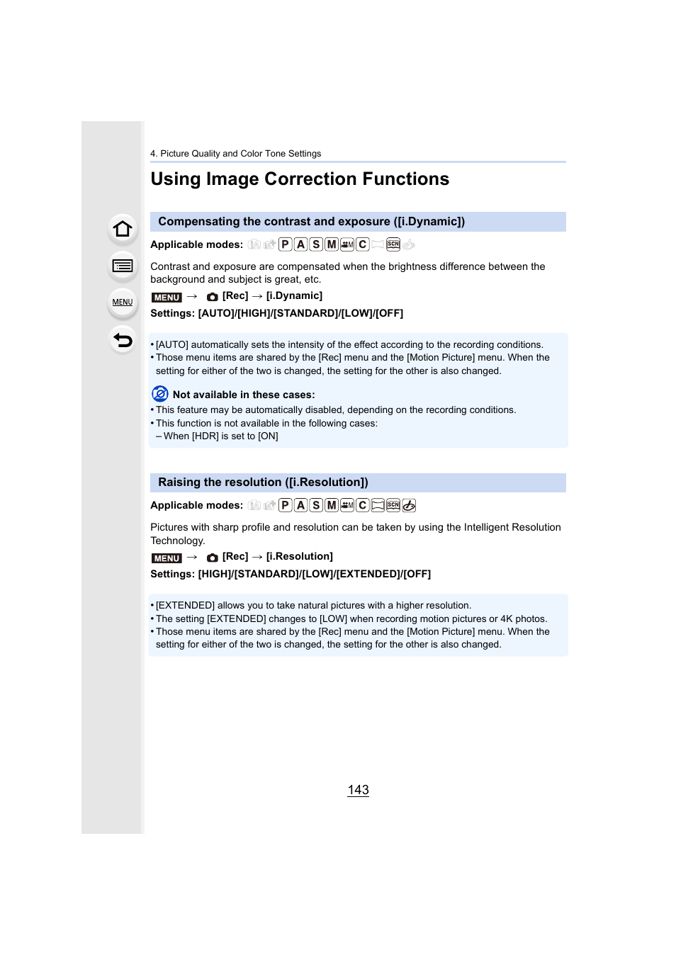 Using image correction functions, Raising the resolution ([i.resolution]), P143 | P143) | Panasonic Lumix DMC-G7 body User Manual | Page 143 / 411