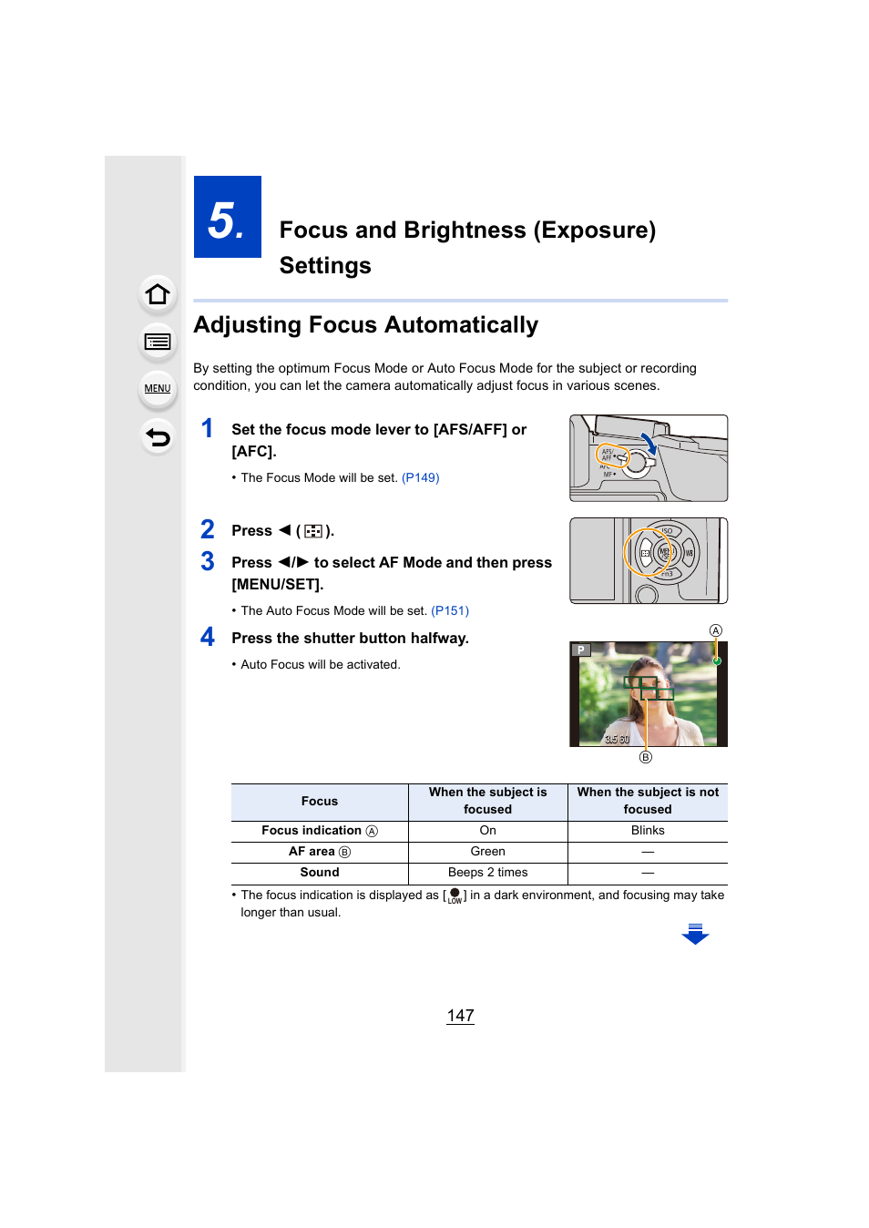 Focus and brightness (exposure) settings, Adjusting focus automatically, Mode lever | P147 | Panasonic Lumix DMC-G7 body User Manual | Page 147 / 411