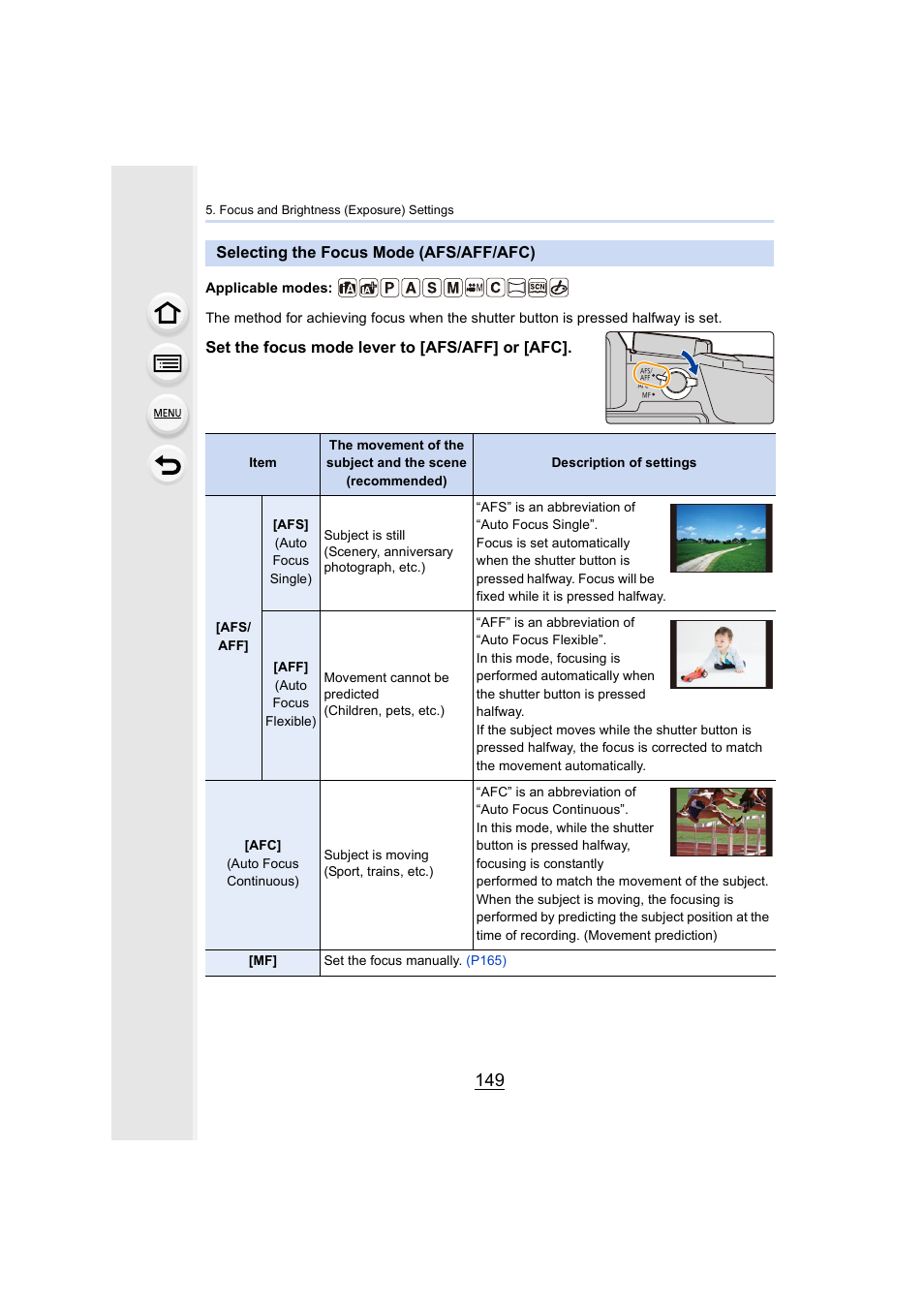 Selecting the focus mode (afs/aff/afc), P149, P149) | Panasonic Lumix DMC-G7 body User Manual | Page 149 / 411