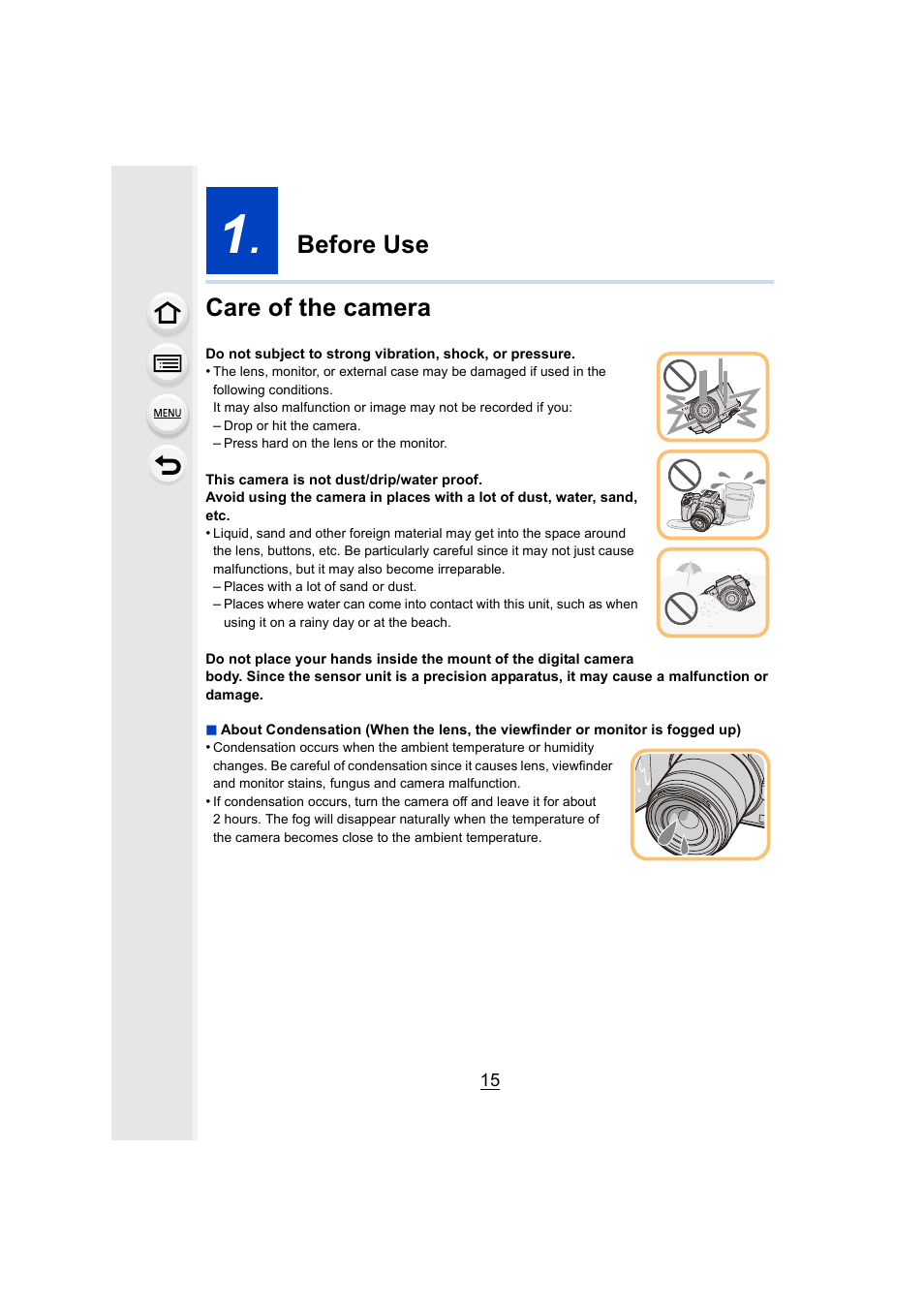 Before use, Care of the camera, Before use care of the camera | Panasonic Lumix DMC-G7 body User Manual | Page 15 / 411