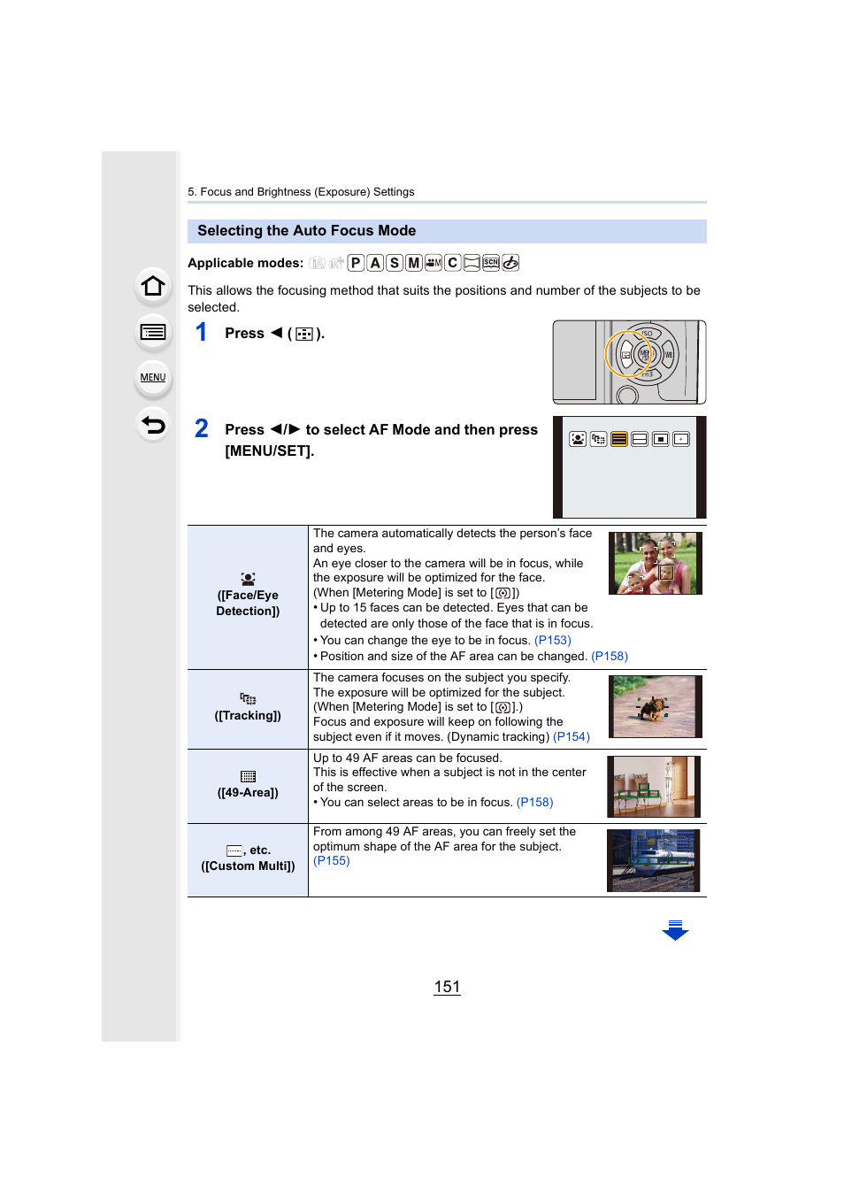 Selecting the auto focus mode, P151, Auto focus mode) | P151) | Panasonic Lumix DMC-G7 body User Manual | Page 151 / 411