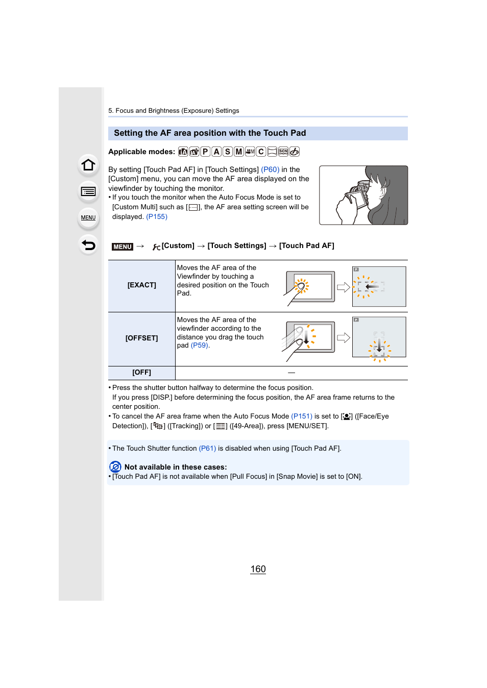 Setting the af area position with the touch pad, P160) | Panasonic Lumix DMC-G7 body User Manual | Page 160 / 411