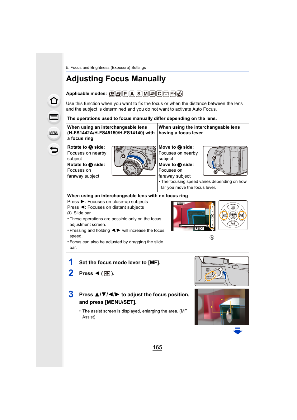 Adjusting focus manually, P165, P165) | Panasonic Lumix DMC-G7 body User Manual | Page 165 / 411