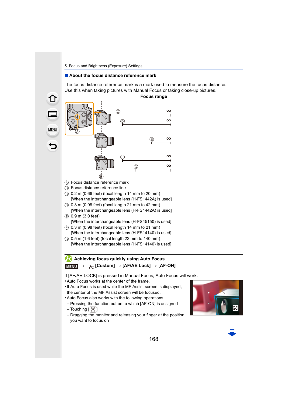 Ance reference mark, P168), P168 | About the focus distance reference mark | Panasonic Lumix DMC-G7 body User Manual | Page 168 / 411