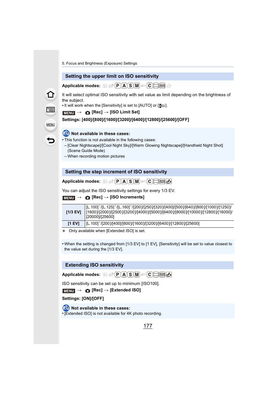 Setting the upper limit on iso sensitivity, Setting the step increment of iso sensitivity, Extending iso sensitivity | P177) | Panasonic Lumix DMC-G7 body User Manual | Page 177 / 411