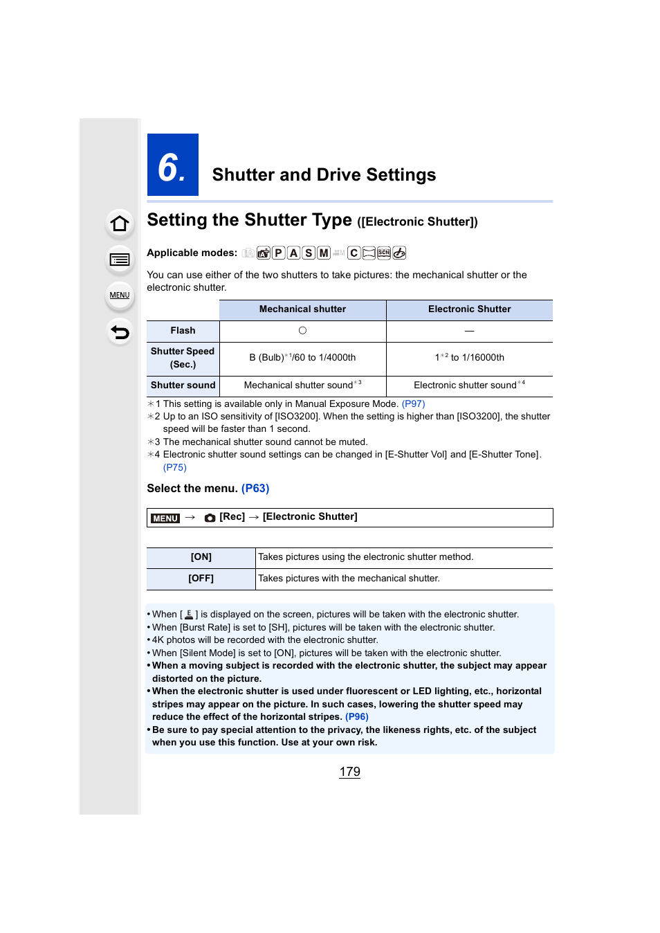 Shutter and drive settings, Setting the shutter type ([electronic shutter]), P179) | Electronic shutter]) | Panasonic Lumix DMC-G7 body User Manual | Page 179 / 411