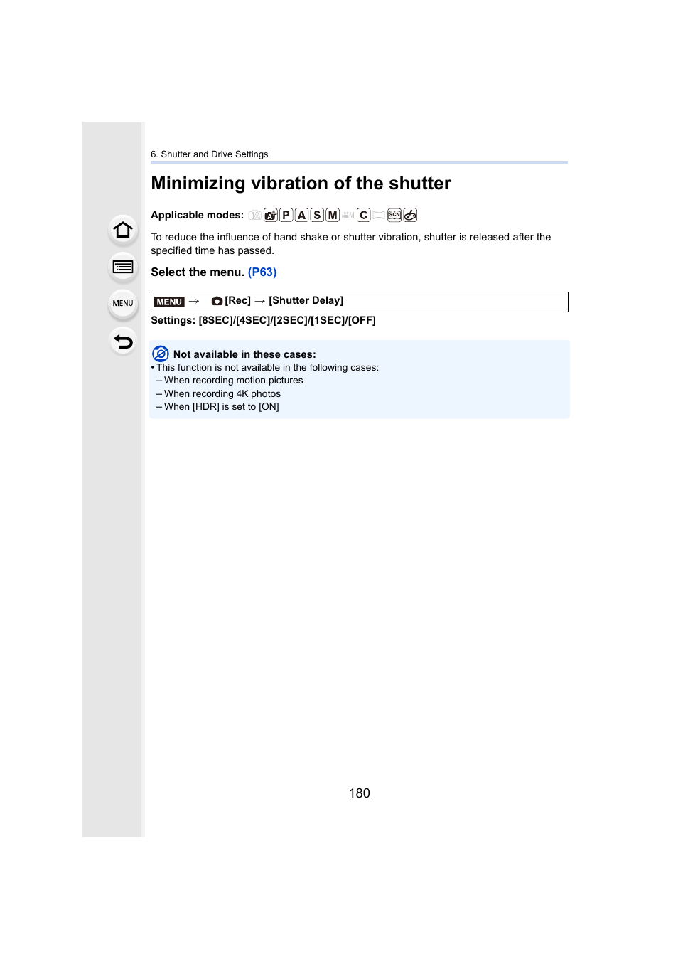 Minimizing vibration of the shutter | Panasonic Lumix DMC-G7 body User Manual | Page 180 / 411