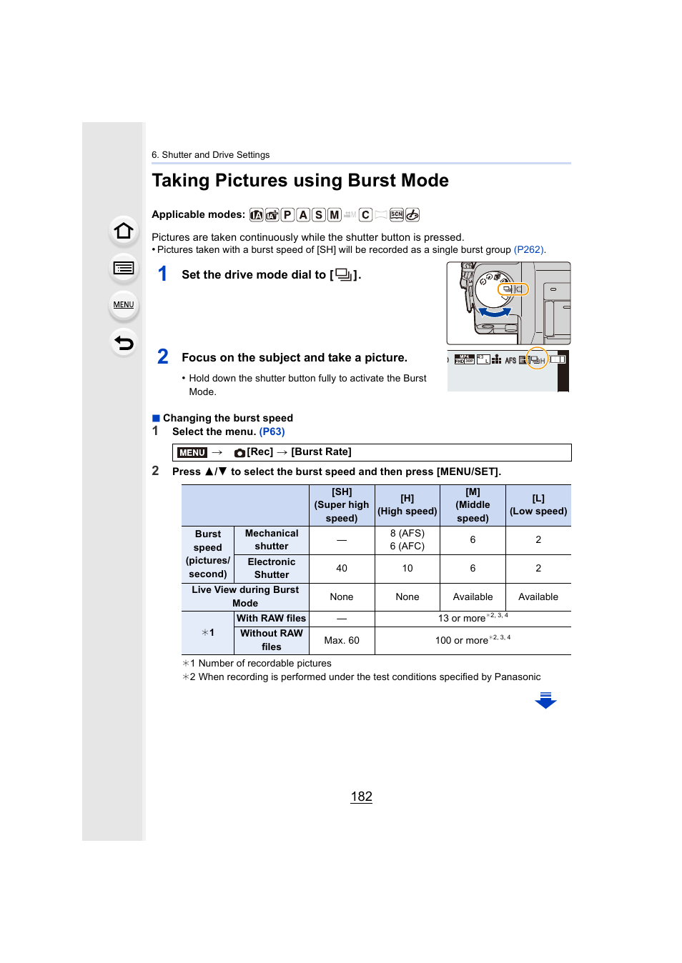 Taking pictures using burst mode, Burst, P182) | Set the drive mode dial to, Focus on the subject and take a picture | Panasonic Lumix DMC-G7 body User Manual | Page 182 / 411