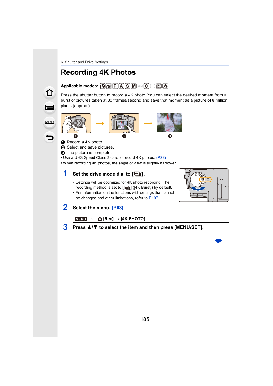 Recording 4k photos, P185, 4k photo | P185) | Panasonic Lumix DMC-G7 body User Manual | Page 185 / 411