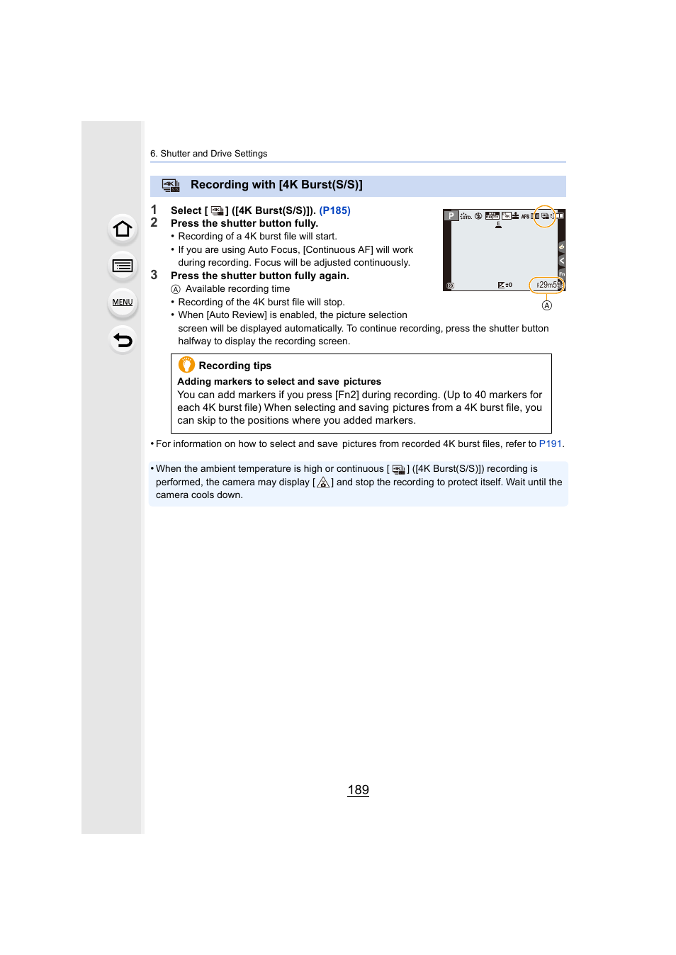 Recording with [4k burst(s/s), P189) | Panasonic Lumix DMC-G7 body User Manual | Page 189 / 411