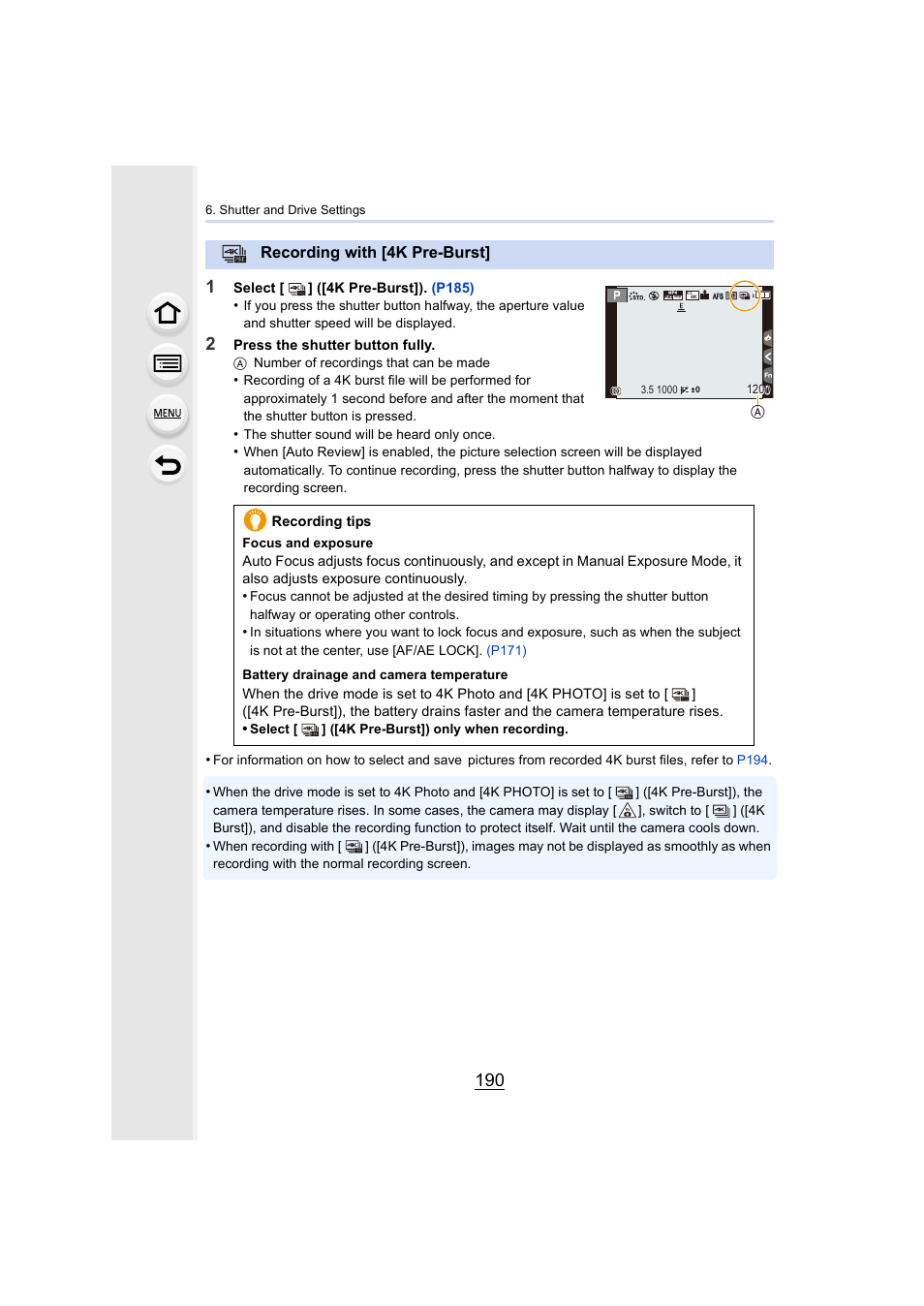 Recording with [4k pre-burst, P190) | Panasonic Lumix DMC-G7 body User Manual | Page 190 / 411
