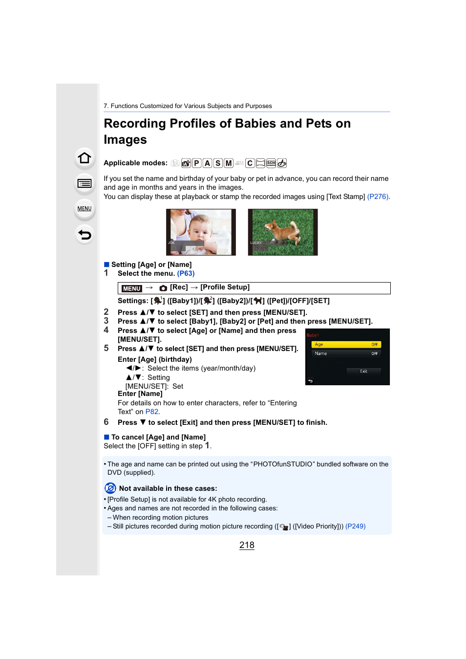 Recording profiles of babies and pets on images | Panasonic Lumix DMC-G7 body User Manual | Page 218 / 411