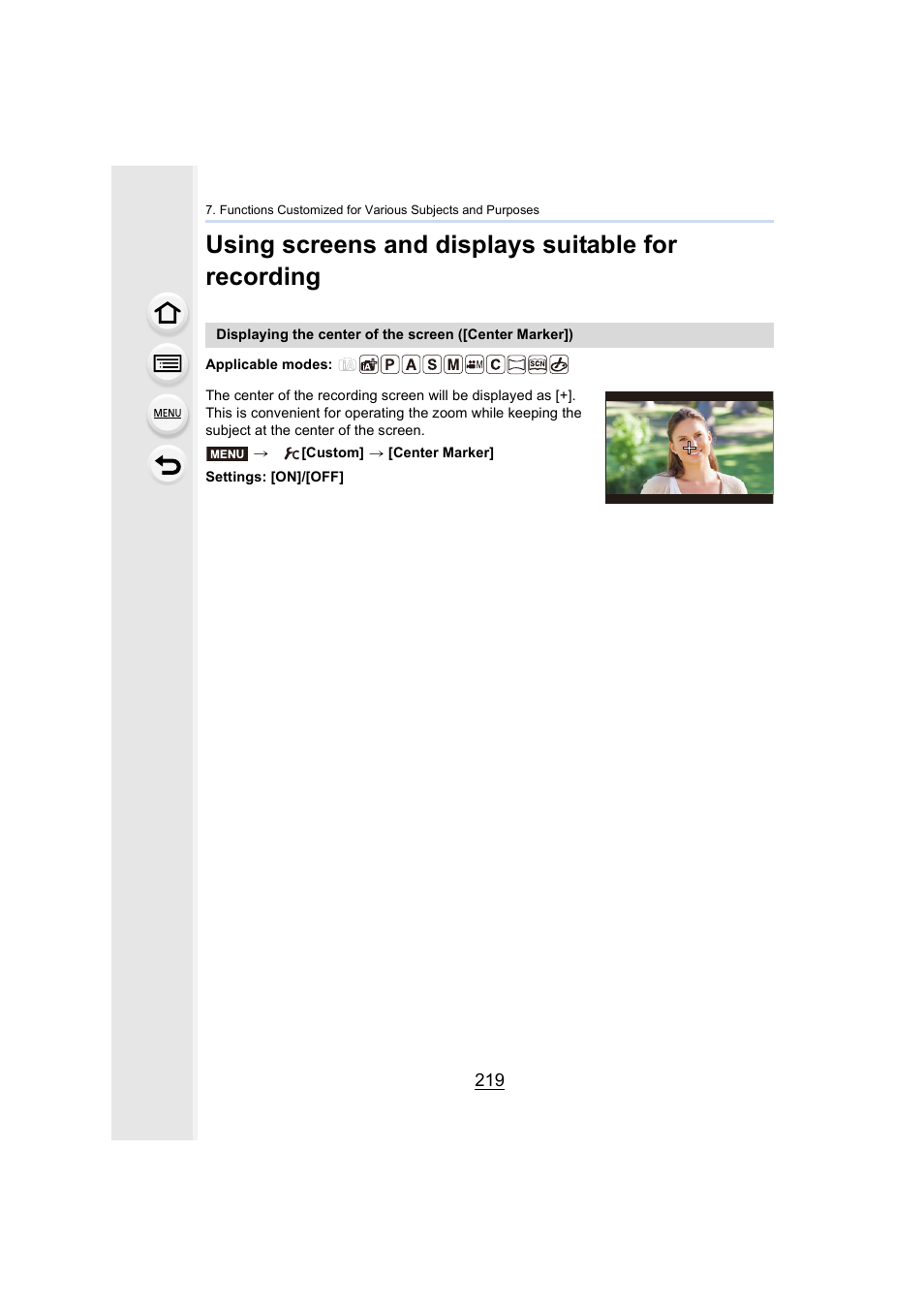 Using screens and displays suitable for recording, P219 | Panasonic Lumix DMC-G7 body User Manual | Page 219 / 411