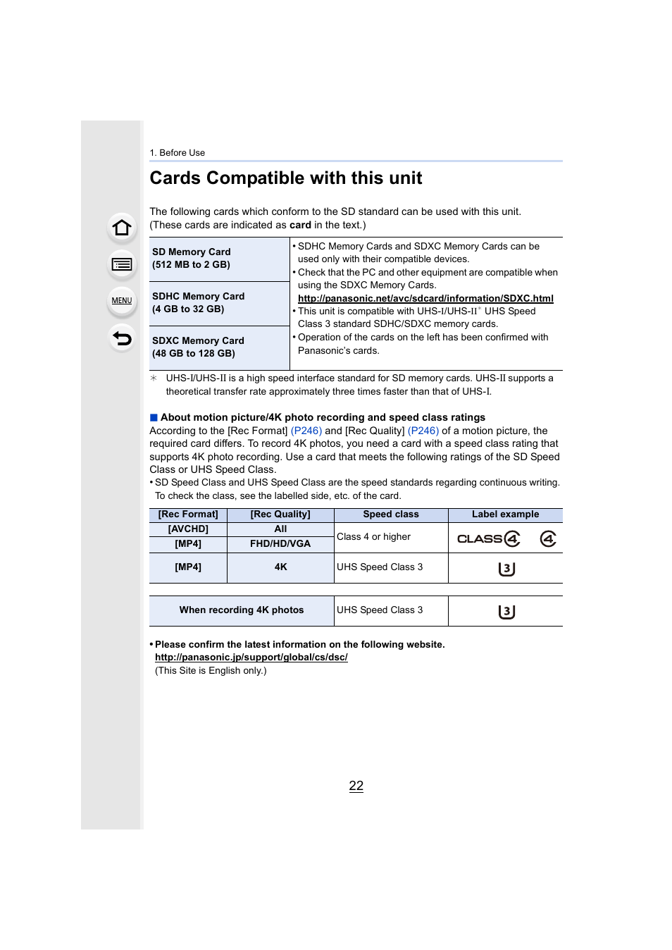 Cards compatible with this unit | Panasonic Lumix DMC-G7 body User Manual | Page 22 / 411