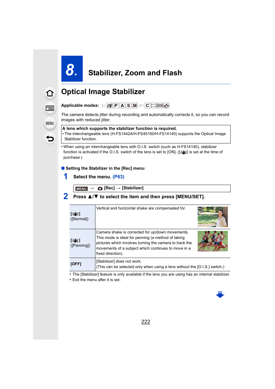 Stabilizer, zoom and flash, Optical image stabilizer, P222) | Panasonic Lumix DMC-G7 body User Manual | Page 222 / 411