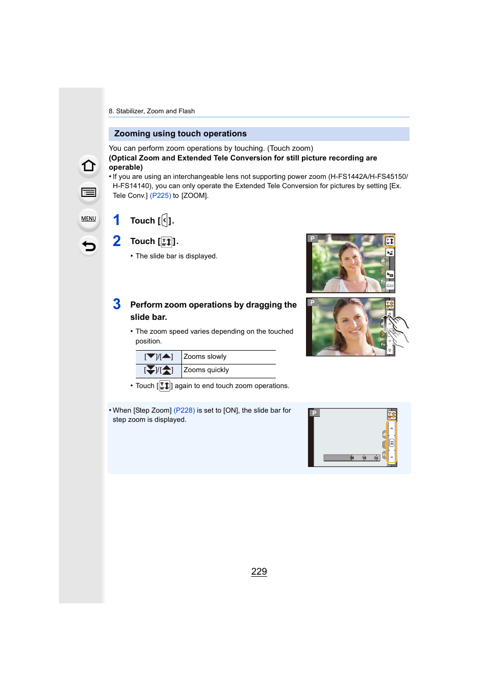 Zooming using touch operations, P229) | Panasonic Lumix DMC-G7 body User Manual | Page 229 / 411