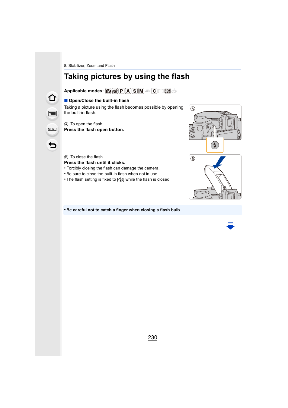 Taking pictures by using the flash, Flash, P230) | Open button | Panasonic Lumix DMC-G7 body User Manual | Page 230 / 411