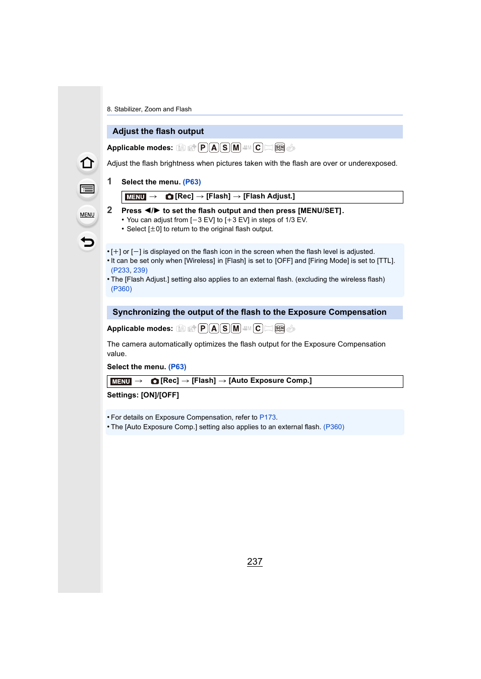 Adjust the flash output, P237, P237) | Panasonic Lumix DMC-G7 body User Manual | Page 237 / 411