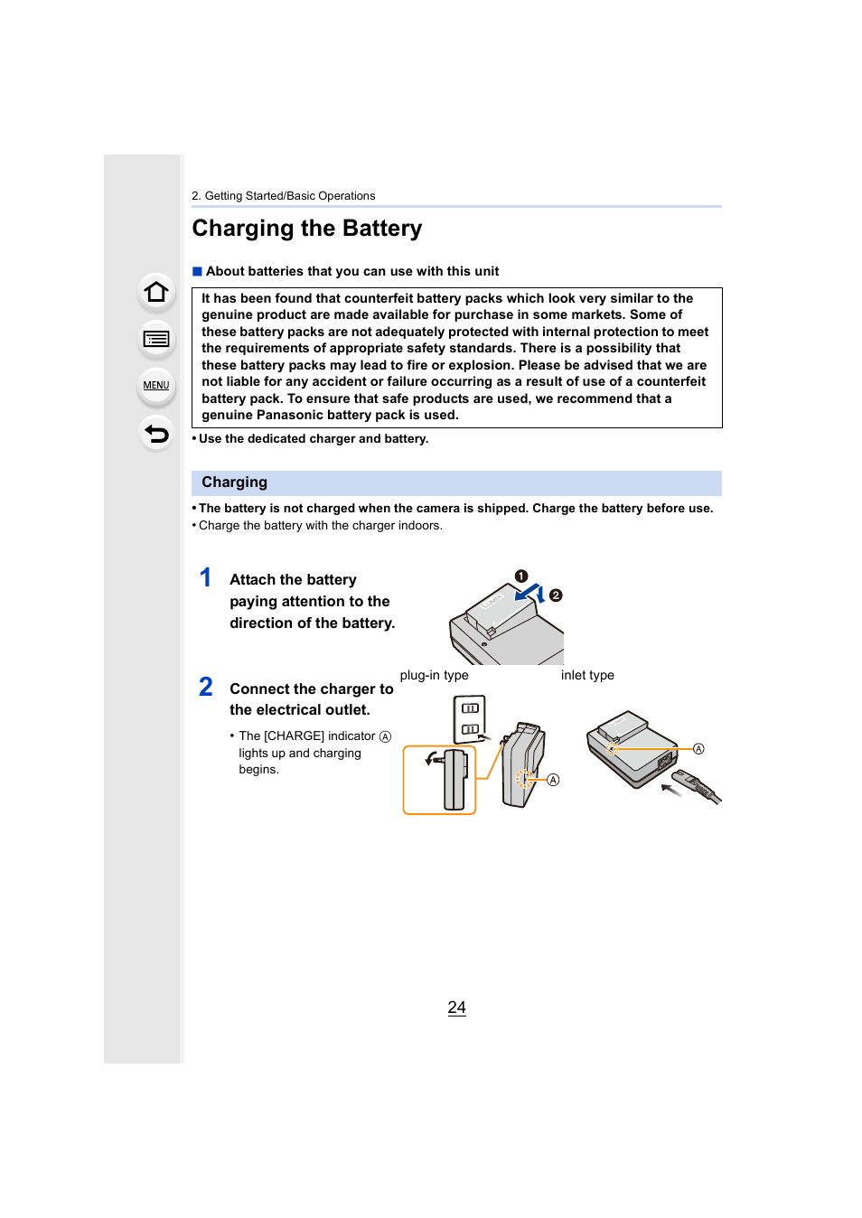 Charging the battery, Charging, P24) | Panasonic Lumix DMC-G7 body User Manual | Page 24 / 411
